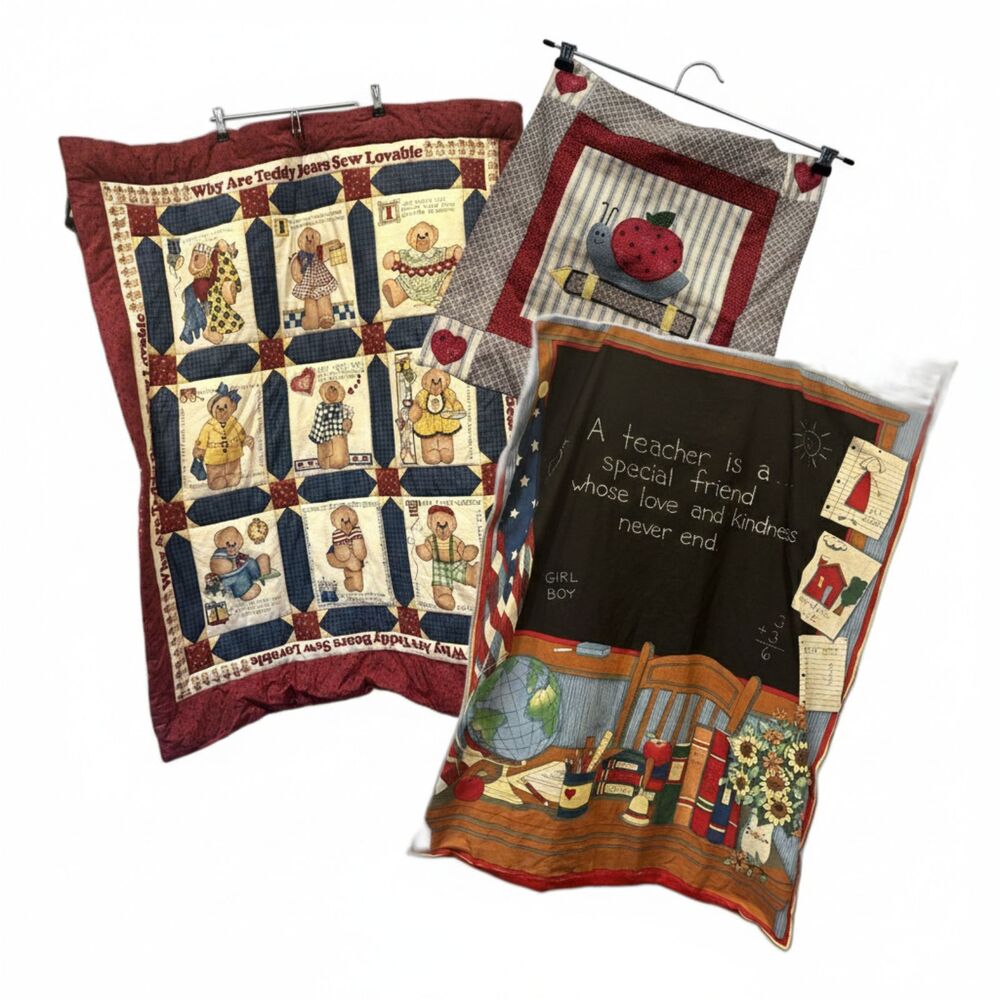 Vintage Handmade Quilted Wall Hanging Set of 3 Bears Teacher Decor Classroom Art